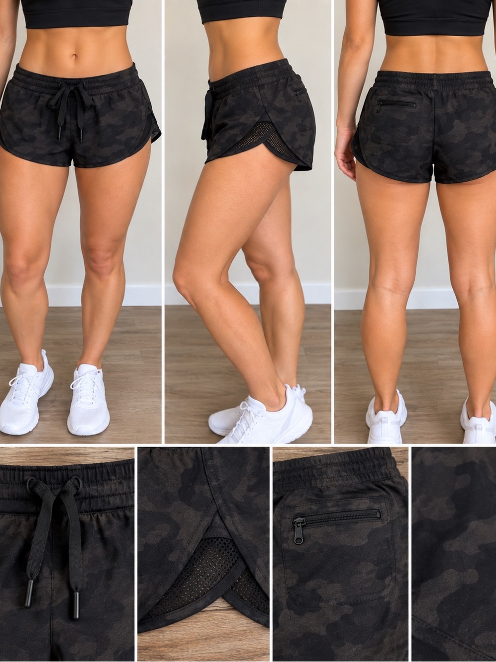 Lululemon Women’s Black Camo Running Shorts Size S Mesh Vent Zip Pocket